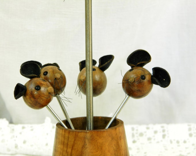 Vintage Set of 5 Vintage Mid Century French Cocktail Sticks with Mice Heads, Stainless Steel and Horn / Retro Home Interior / French Vintage