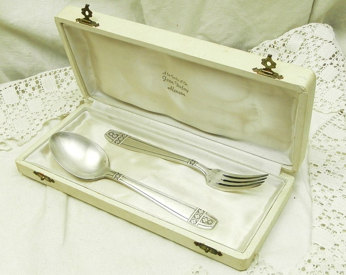Antique Boxed Set of Silver Plated Art Deco Fork and Spoon from Normandy, French Vintage Cutlery Original Box, Retro Tableware from France