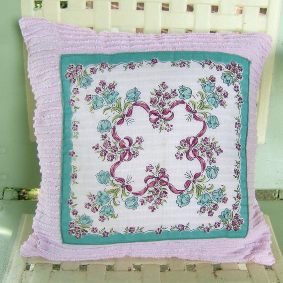 Decorative pillow vintage teal pink handkerchief on pink