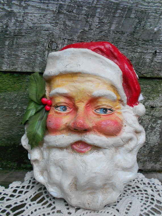 Folk Art Paper Mache Santa Head Wall Hanging by CottonCreekCottage