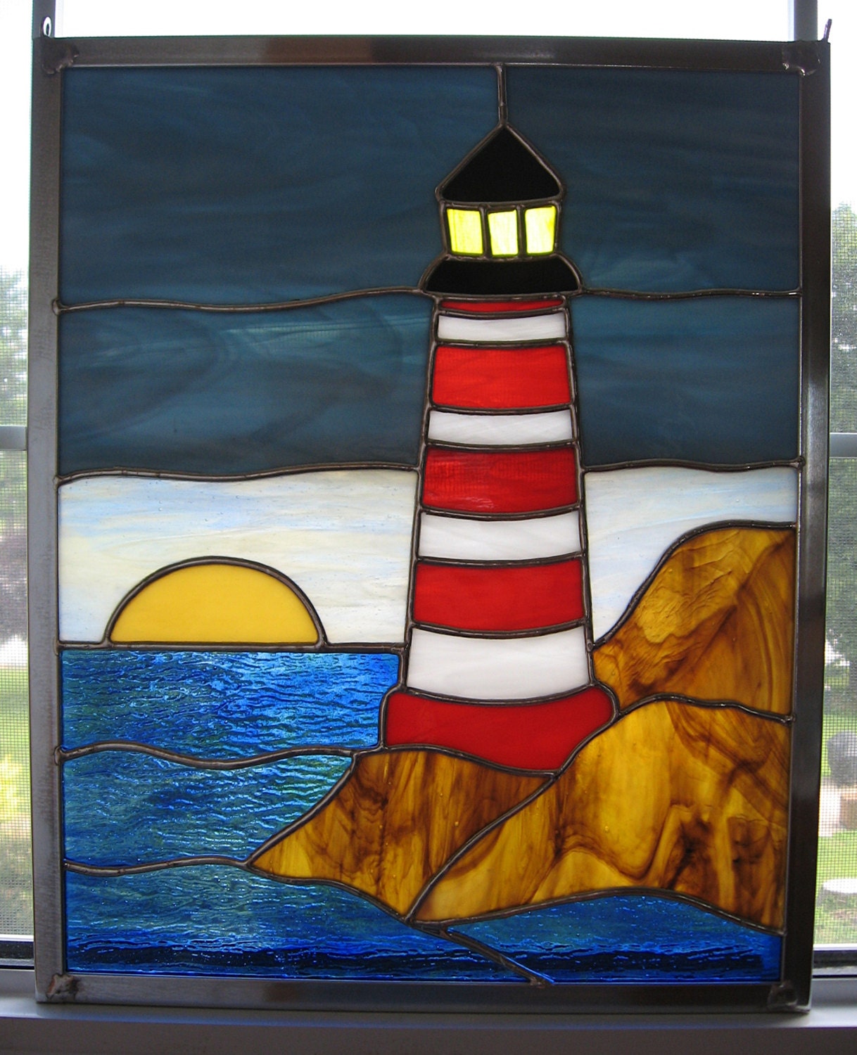 Lighthouse at Sunset Stained Glass Panel