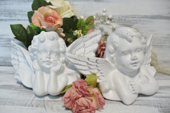 2 Angel / Cherub Figurines Wall Decor Hangings Victorian Shabby Cottage Chic Style