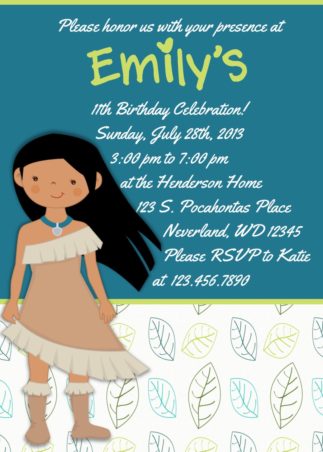 Pocahontas Birthday Party Invitation 5X7 Printable