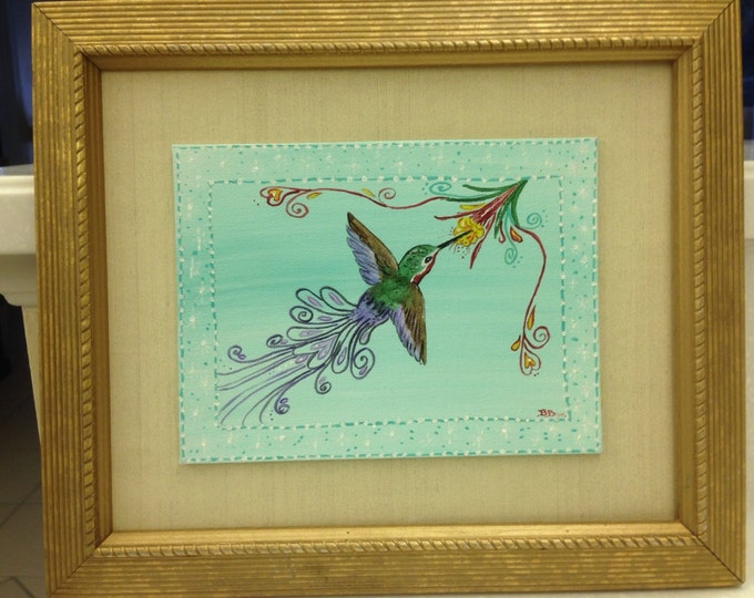 Hummingbird in Flight - Gold Wooden Frame - Acrylics on Canvas