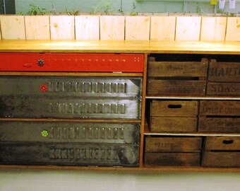 Bespoke Vintage Industrial sideboard kitchen unit storage solution using locker doors and reclaimed oak upcycled unique made to order