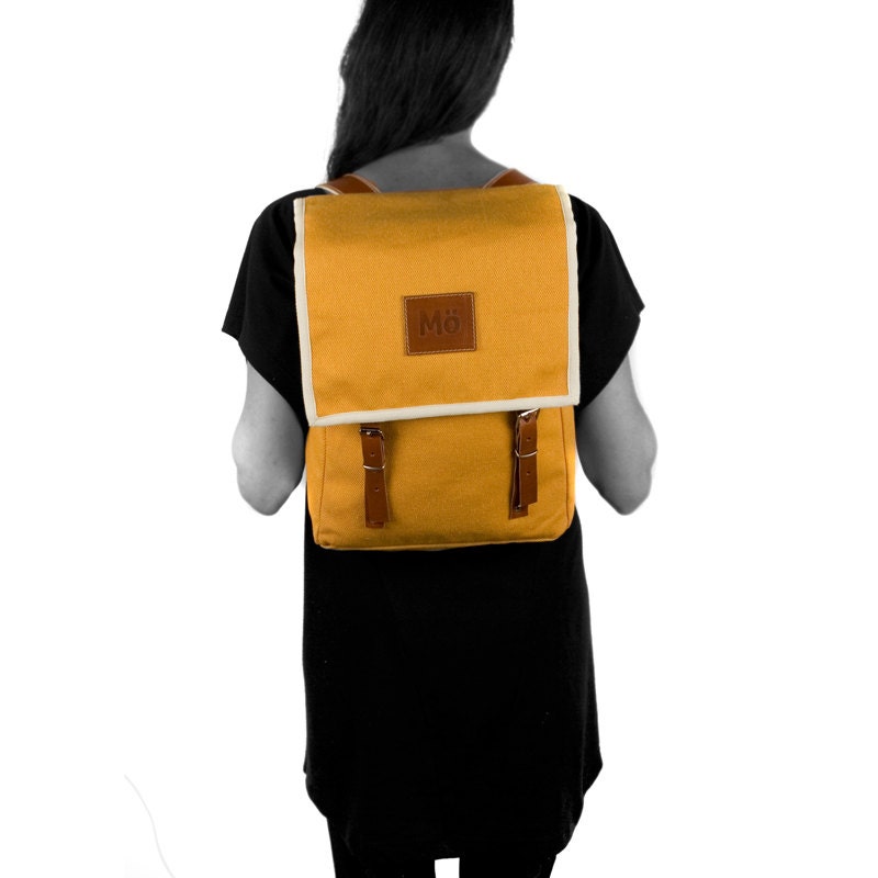 Mustard Canvas Backpack Mediterranean Orange Leather by Modernaked