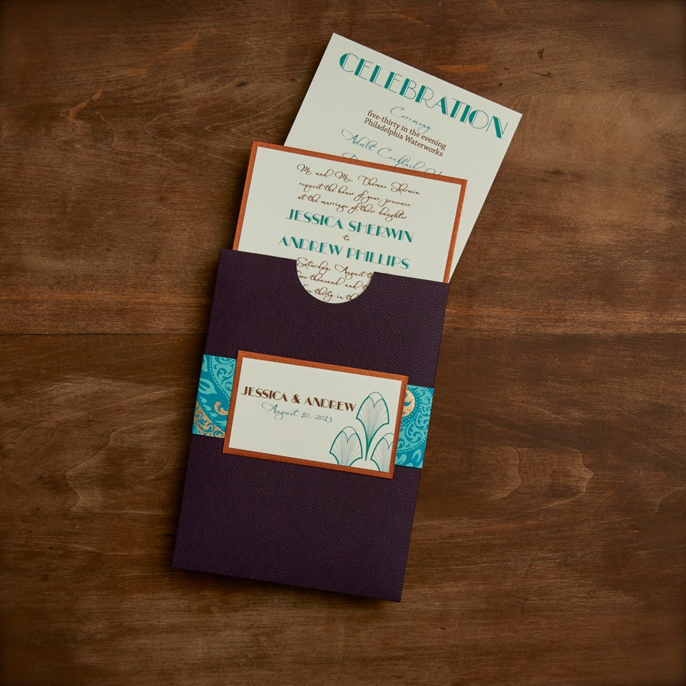 Art Deco Copper & Teal Blue Printed Wedding Invitations in Pocket