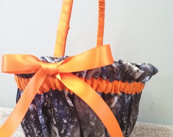 camo flower girl basket. orange and camoflage