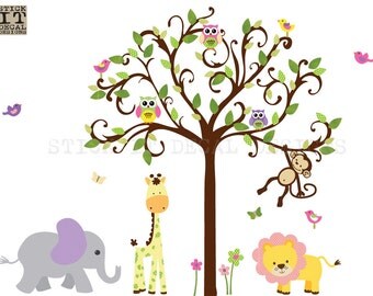 Jungle Wall Decal, Nursery Wall Decal, Scroll tree decal, Giraffe, Elephant, Girl Room Wall Decal, XXL Candy Dots Scroll Tree