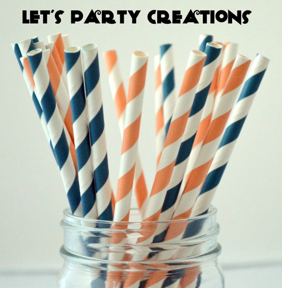 Items similar to PAPER STRAWS, PEACH and Navy Paper Straws, 50 Striped