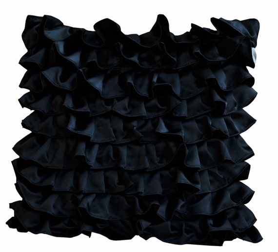 Black throw pillow Black Satin with Ruffles by AmoreBeaute