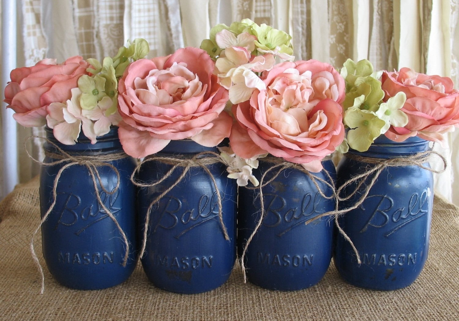 SALE Set of 4 Pint Mason Jars Painted Mason Jars Flower