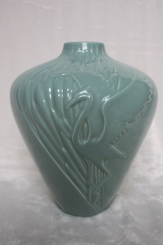 Vintage Art Deco Style Large Haeger Pottery Vase Blue Mid