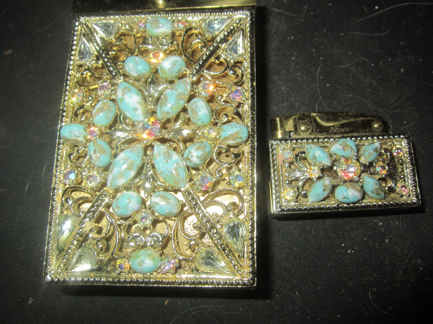Vintage Antique Turquoise Rhinestone covered Cigarette case