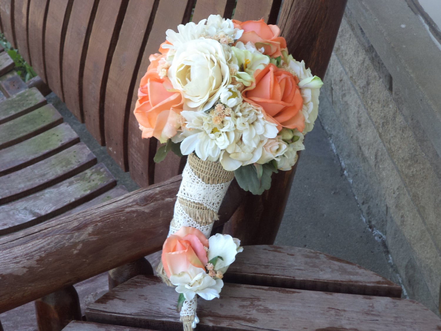 Rustic Wedding Bouquet / Coral and Champagne Rustic Bridal