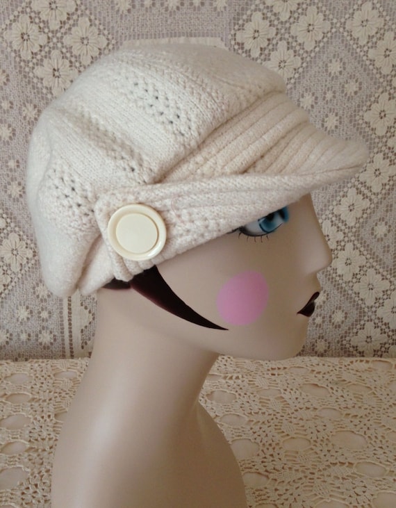 Upcycled warm and one of a kind winter white felted wool News Boy hat