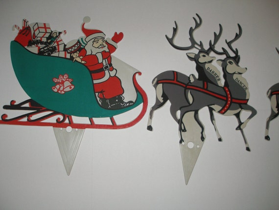 UNION SANTA Sleigh and 8 REINDEER Yard Stakes Christmas