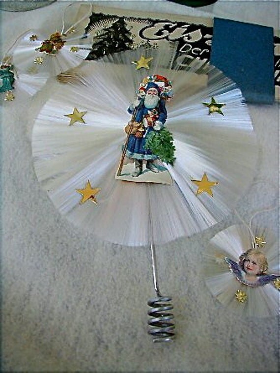 Items similar to Spun Glass German Style Christmas Tree Topper with Santa Paper Scrap on Etsy