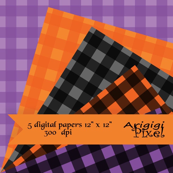 Halloween gingham digital collage sheet, black, orange, purple, scrapbooking paper, instant download Il_570xn