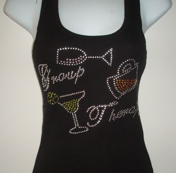 Rhinestone GROUP THERAPY Tank Top Shirt Black by BlingShirtWorld