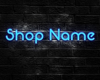 Etsy Shop Banner Set -Black Brick Wall with realistic Blue Neon Sign, 8 Pieces