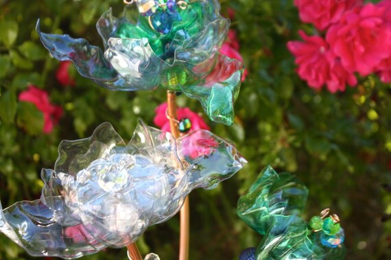 3 Recycled Plastic Bottle Garden Art Yard Stakes blue green