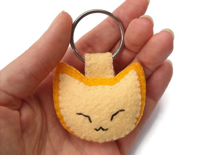 Cute felt cat keychain ginger kitten key ring plush yellow