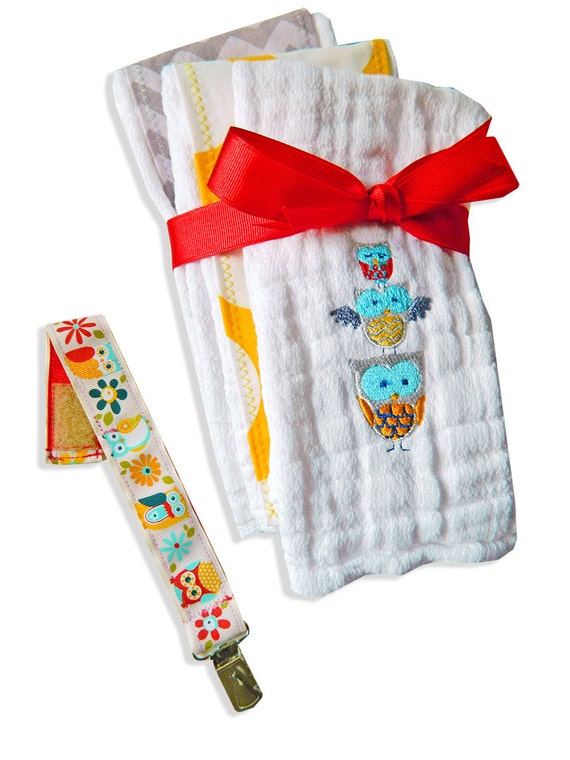 Owl Combo for Baby, Burp Clothes and Pacifier Strap -- Great Gift for a Baby Shower