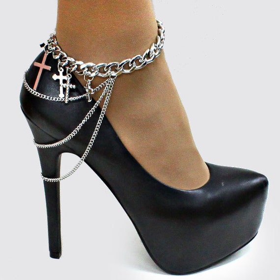 black heels with silver chain