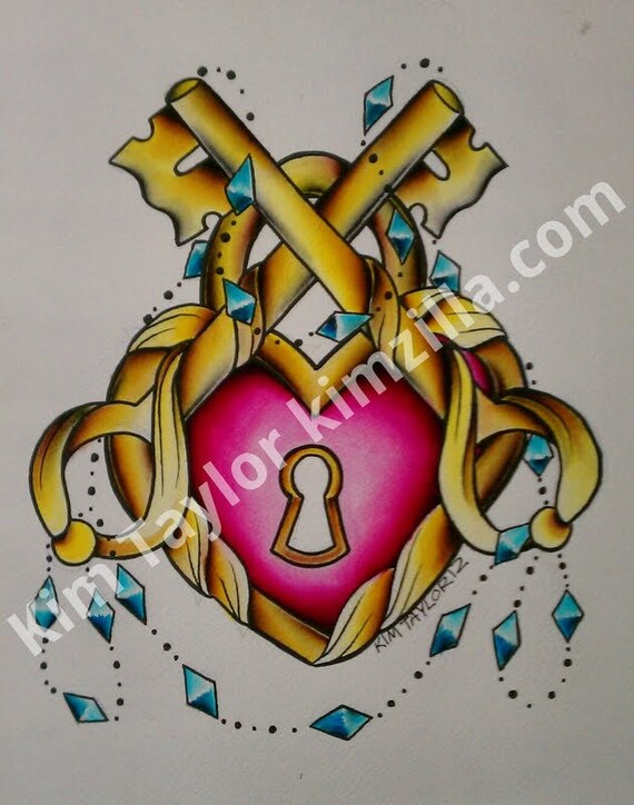 Ähnliche Artikel wie 8 x 10 Herz Schloss und Schlüssel tattoo flash