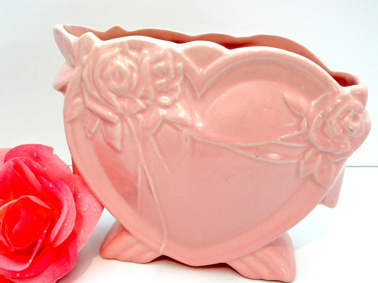 Vintage McCoy Pink Heart and Roses Vase 1943 McCoy Pink Heart
