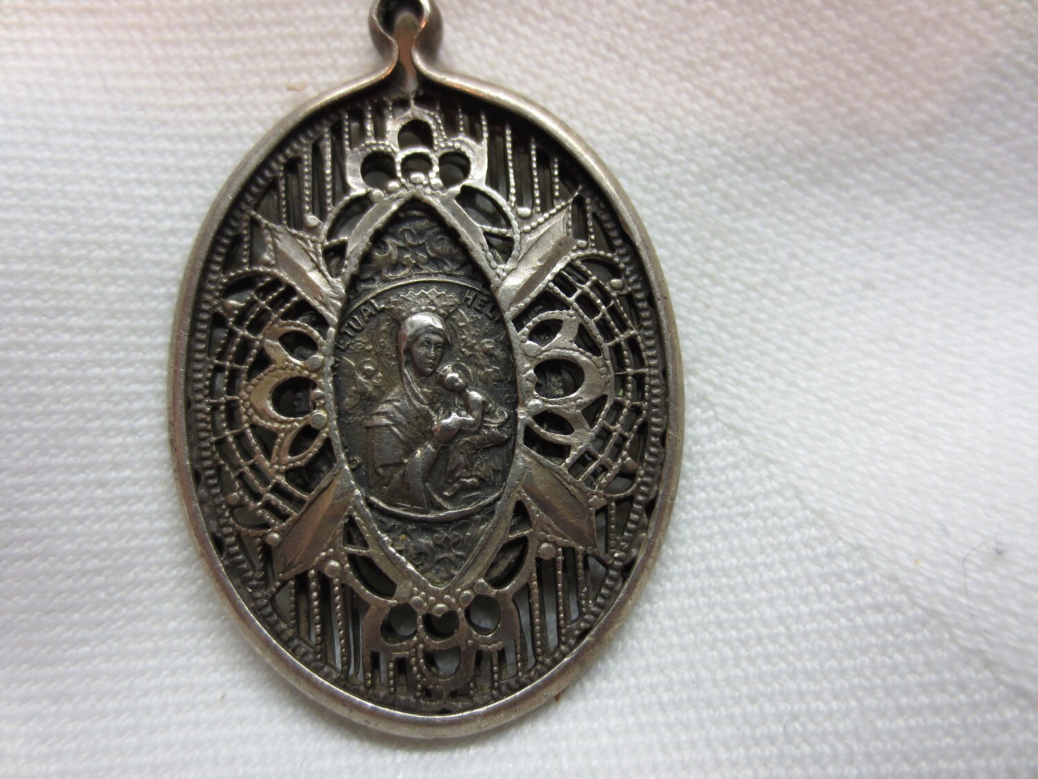 Vintage caged sterling silver Blessed Mother medal pendant