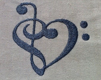 MUSIC LOVE ~ Machine Embroidery Design - Treble Bass Clef Heart - 2 sizes - Instant Download