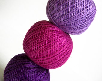 Cotton crochet thread, 3 balls, purple and pink mix, 25 g per ball