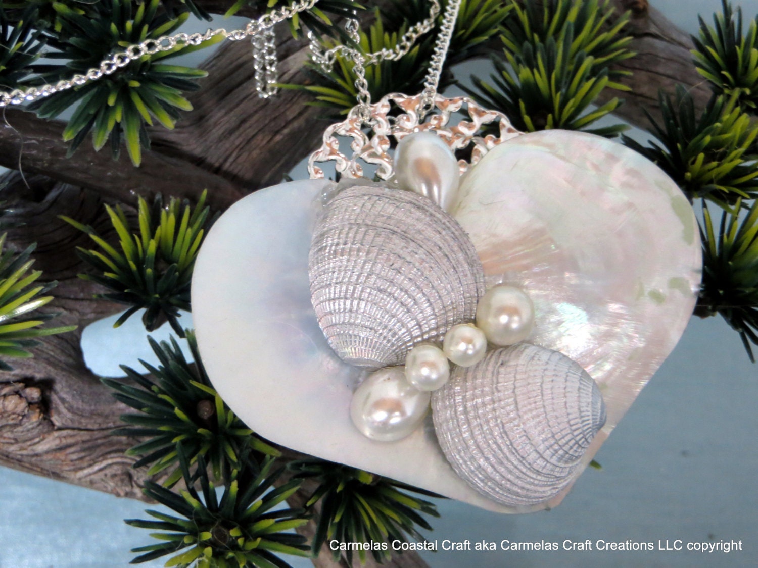Pearl Shell heart necklace with matching earrings Sea shell