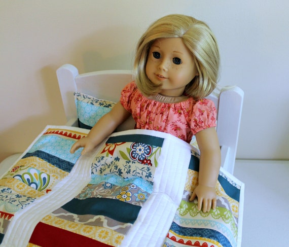 American Girl Sweet and Scrappy Doll Quilt Set ~ 18 inch Doll Quilt and Pillow Set - Doll Bedding Set