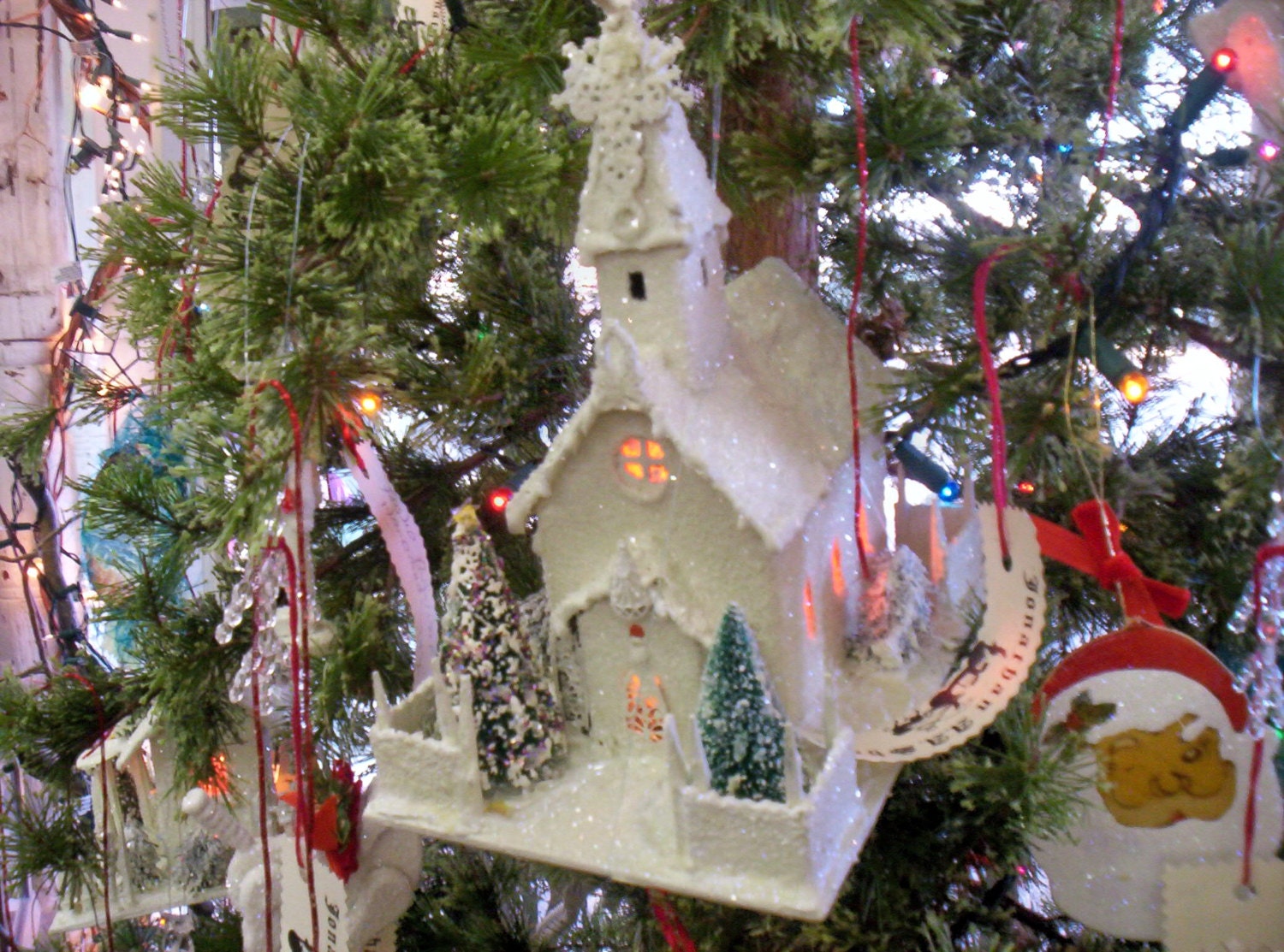 Handmade Mache & Recycled Paper Glittered, Light Up Winter Church