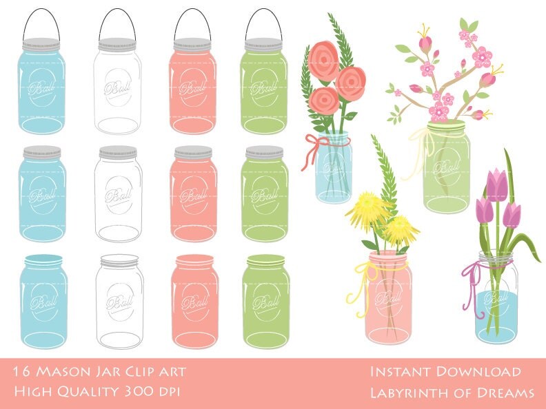 Mason Jars with Flowers Digital Clip art