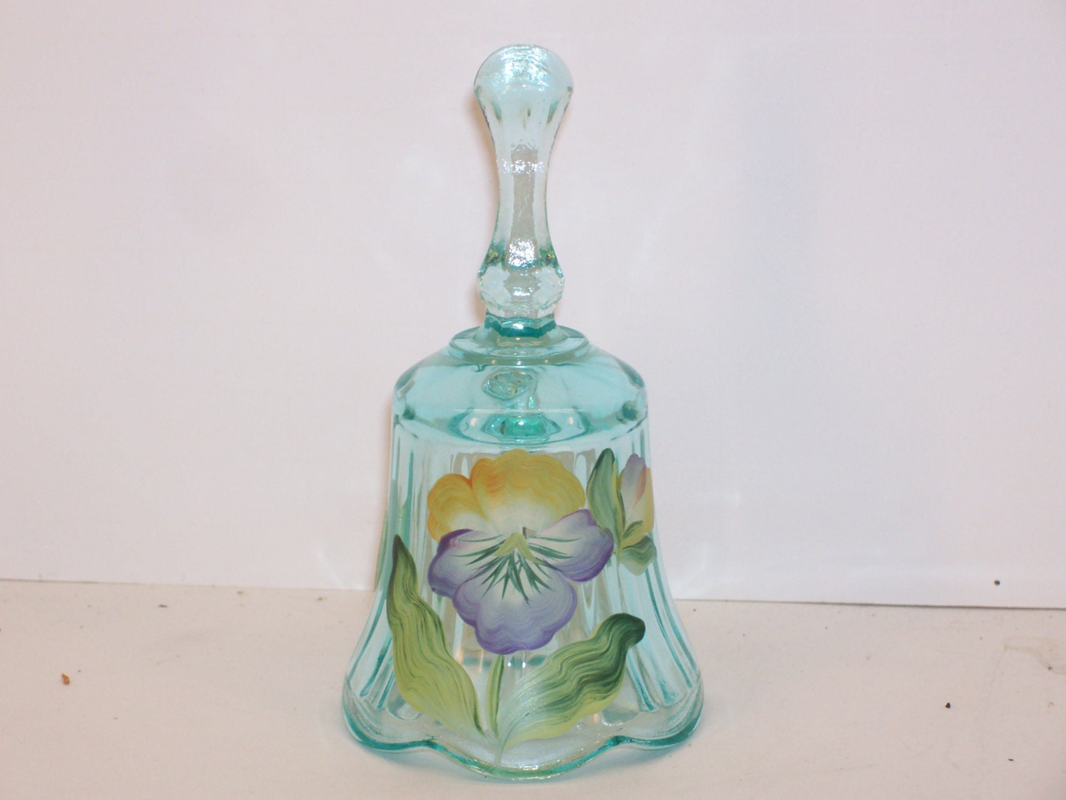 Fenton Teal Blue Glass Bell Hand Painted Pansy by GarageSaleGlass
