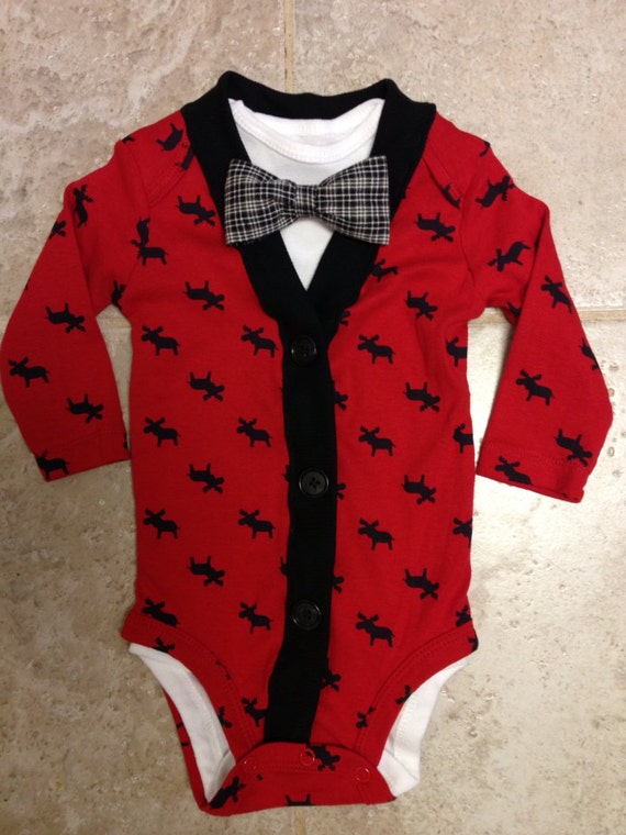 Items similar to Fall winter baby boy cardigan onesie red moose plaid ...