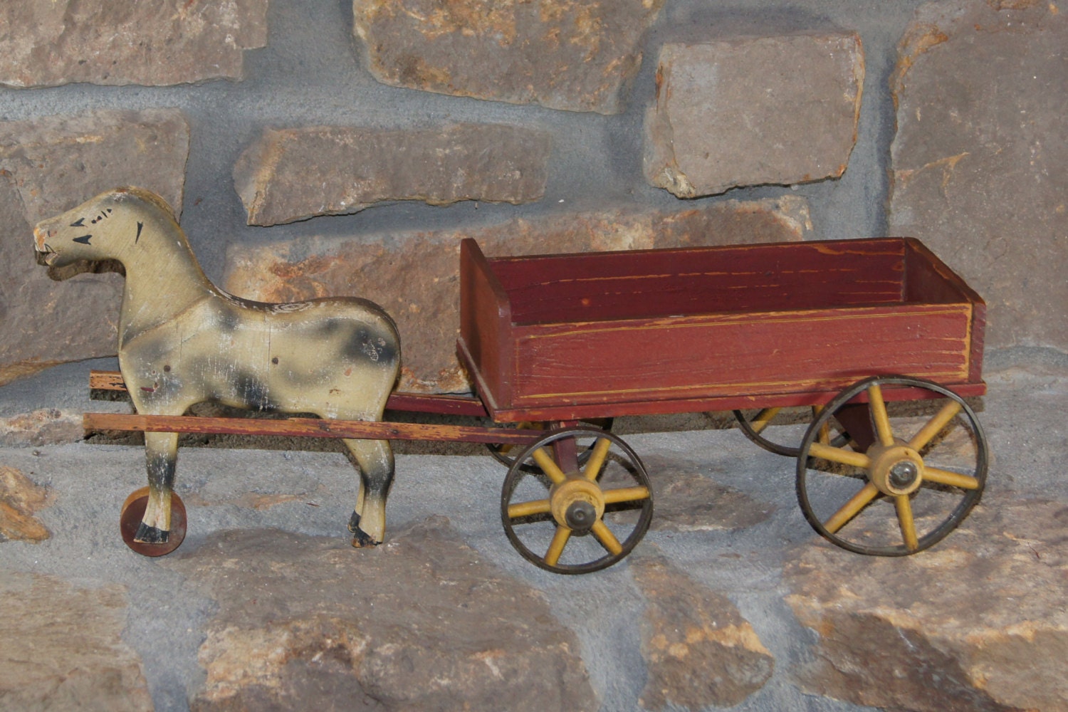 Antique Wooden Pull Toy Wooden wagon with Tin wheels by Art2Oldies