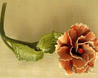 Vintage Broach Peach Carnation Enamel Pin Green Leaves Red Rhinestone #019