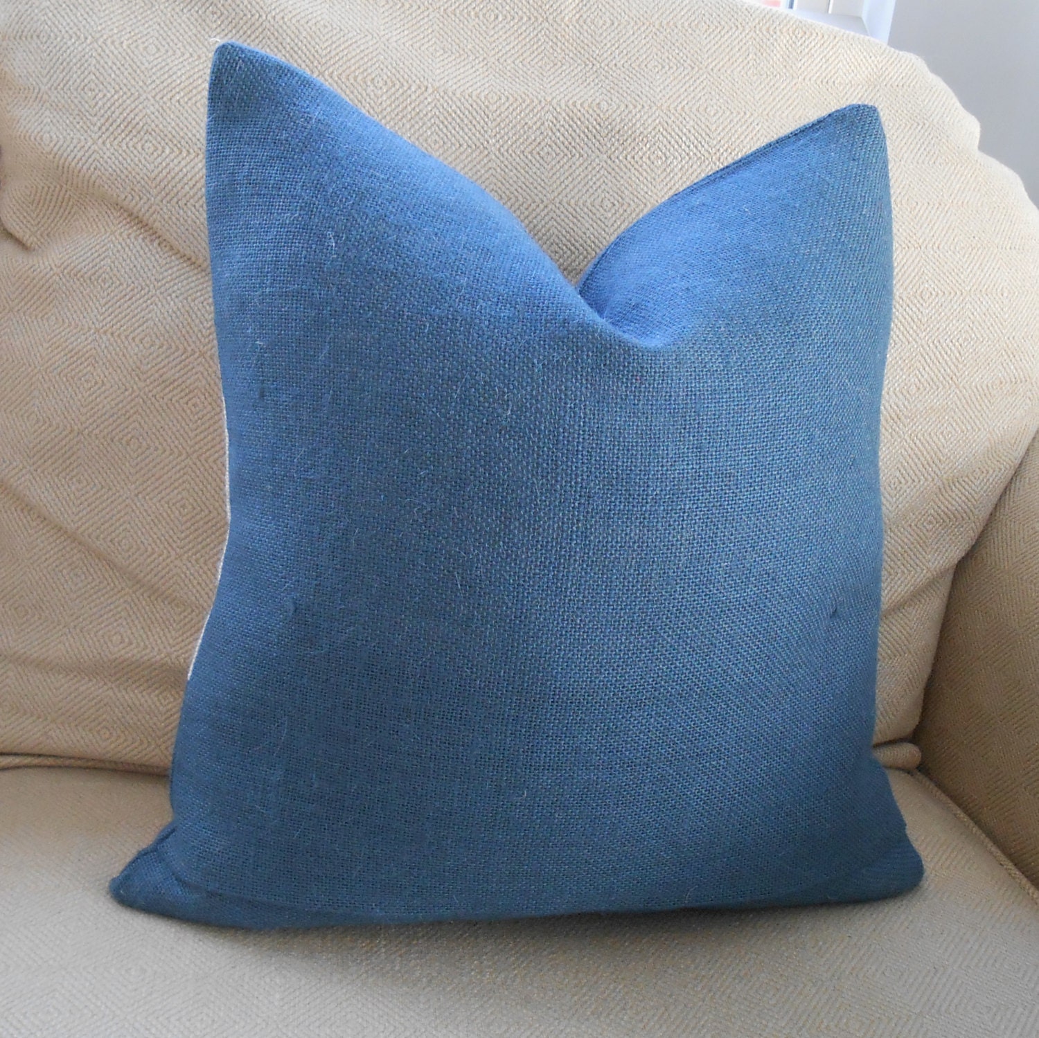 Burlap Pillow Cover two tone off white & blue by LowCountryHome