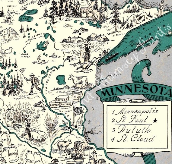 Items similar to Vintage MINNESOTA Map Archival Print, Beautifully ...