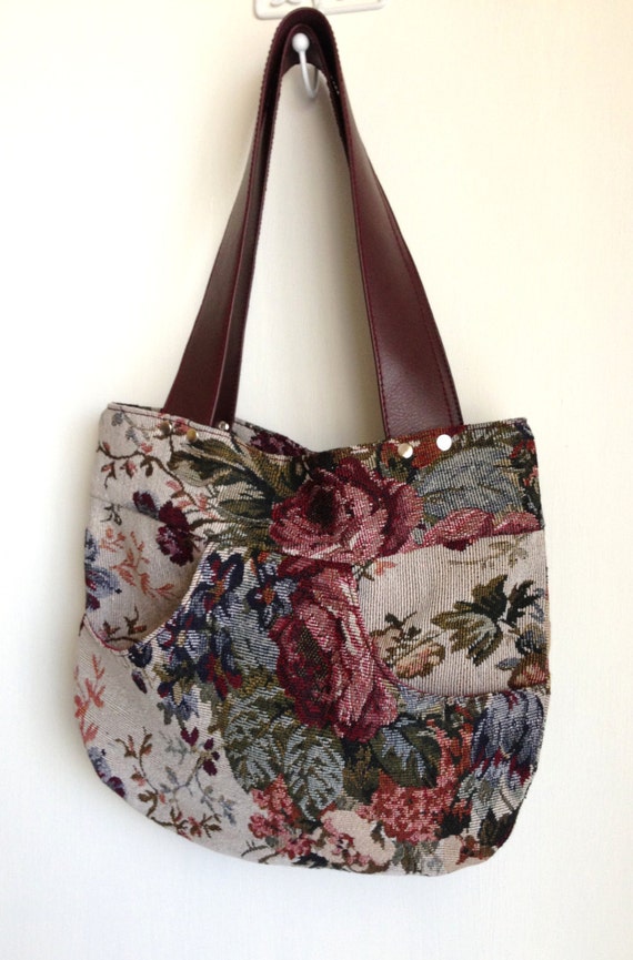 Items similar to Rose Tapestry Fabric handbag in Plum Burgundy Pink ...