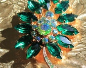 Vintage Brooch with Green and Aurora Borealis Rhinestones