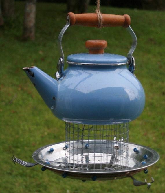 Tea Pot Kettle Pie Pan Bird Feeder Recycled Upcycled Blue Fork