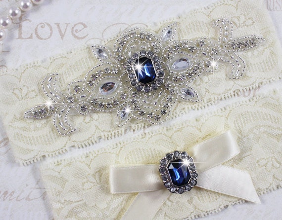 SALE - MADRID II - Sapphire Blue Wedding Garter Set, Ivory Lace Garter, Rhinestone Crystal Bridal Garters, Something Blue