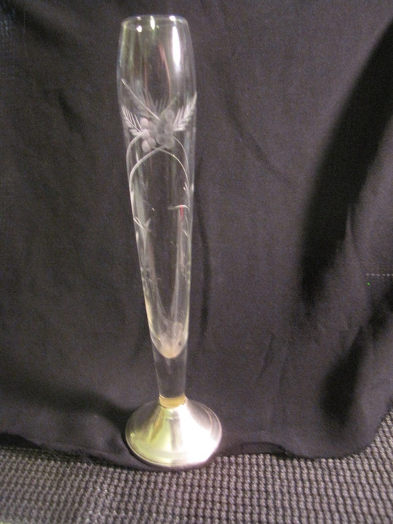 Vintage Weighted Sterling Silver And Crystal Etched Bud Vase 5337