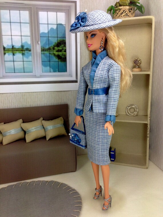 Barbie Doll Skirt Jacket Belt Purse Hat Blue Suit Set 